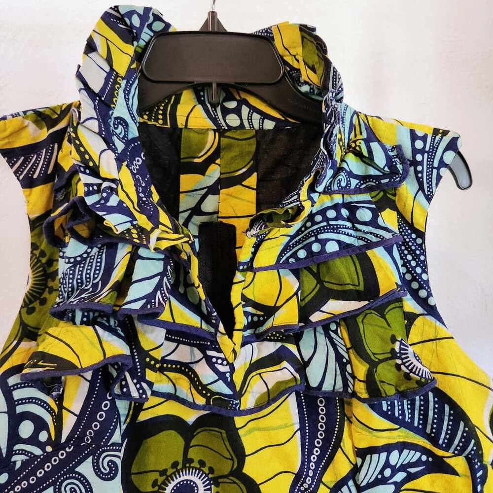 African Print Peacock Batik Yellow Navy Sleeveless Blouse Ruffled Collar Peplum